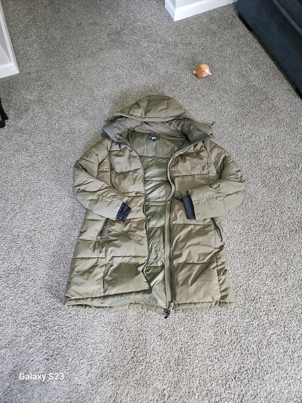 DKNY Olive Green Hooded Long Puffer Coat